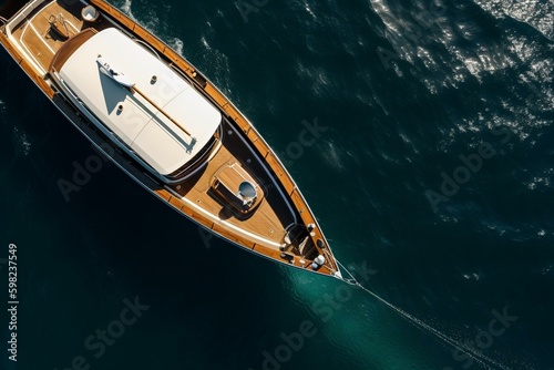 A view from above of a lavish Rio Yachts boat from Italy. Generative AI