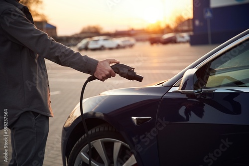 Putting charger into socket. Man is standing near his electric car outdoors © standret