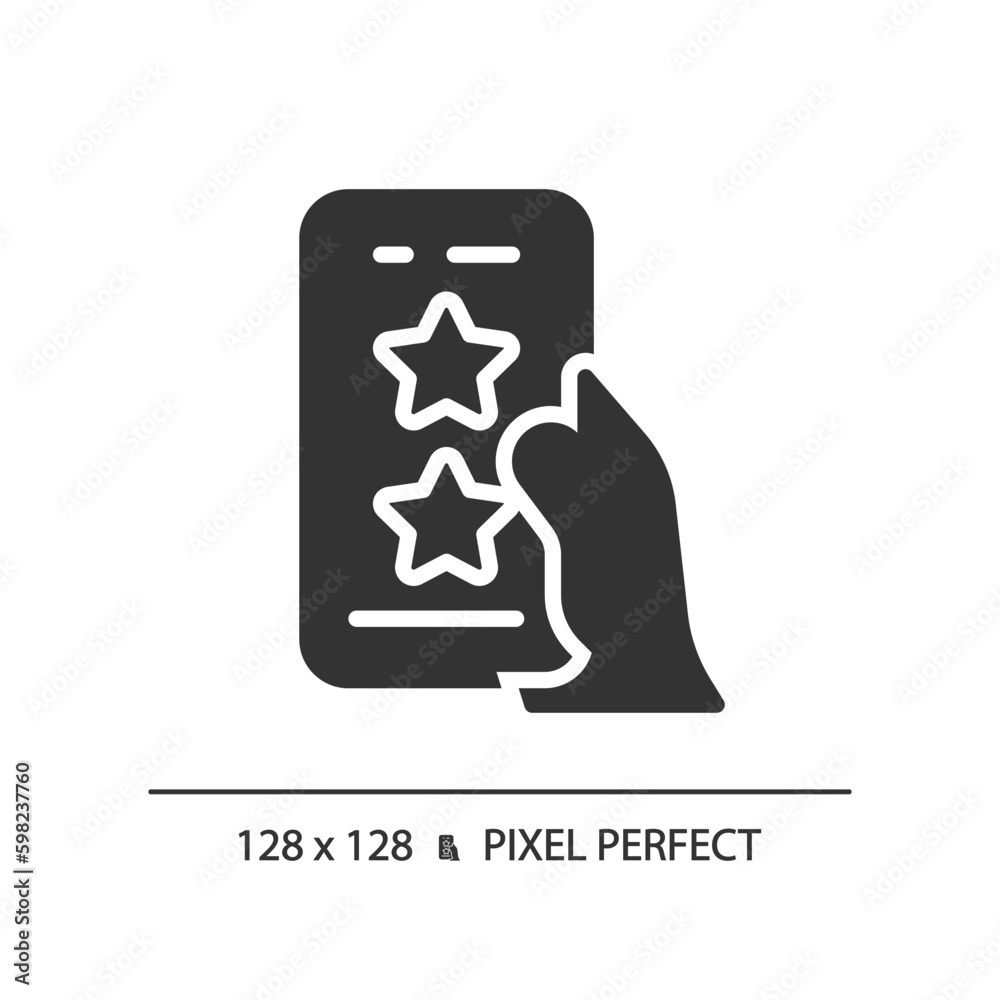 Mobile rating pixel perfect black glyph icon. Evaluating cellphone application. Product ranking. Customer opinion. Silhouette symbol on white space. Solid pictogram. Vector isolated illustration Mobile rating pixel perfect black glyph icon. Evaluating cellphone application. Product ranking. Customer opinion. Silhouette symbol on white space. Solid pictogram. Vector isolated illustration