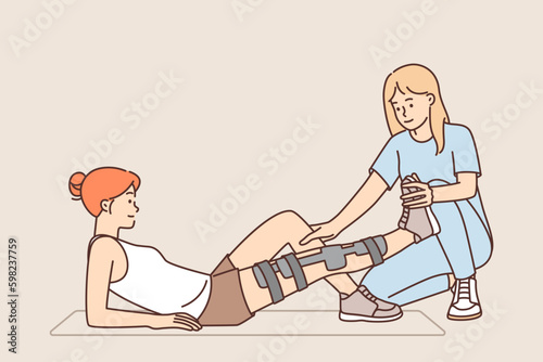 Woman with leg injury uses services of doctor who helps in rehabilitation to treat fracture Generative AI