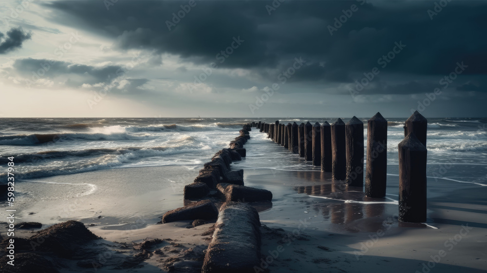 sandy beach of the North Sea during stormy weather
