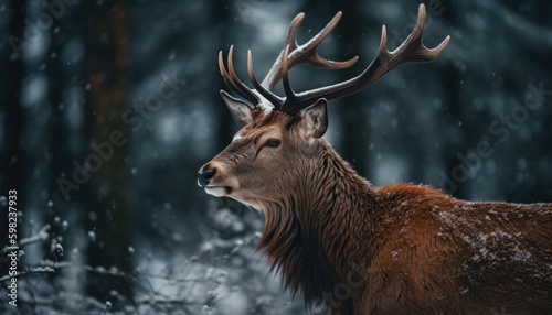 deer in winter snow forest , Generative AI