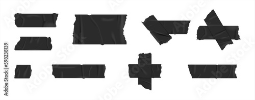 Set masking tape. Torn tape. Vector realistic black adhesive and grey masking tape pieces. Isolated vector illustration 10 eps.