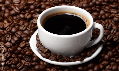 cup of coffee and coffee beans over dark background