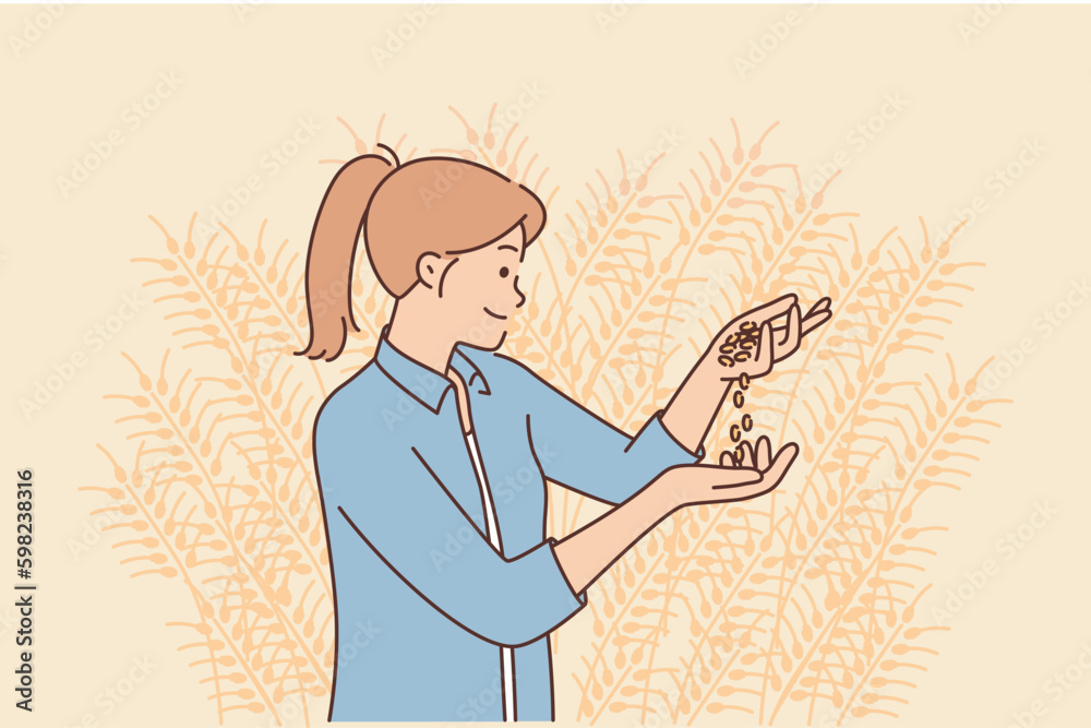 Woman agronomist inspects grains of soybean crop standing on agricultural plantation or farmland Generative AI Woman agronomist inspects grains of soybean crop standing on agricultural plantation or farmland Generative AI