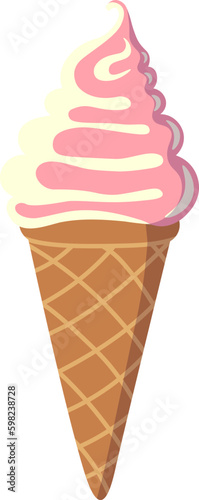Ice cream in a waffle cone. Strawberry ice cream cone. Vector image in flat style