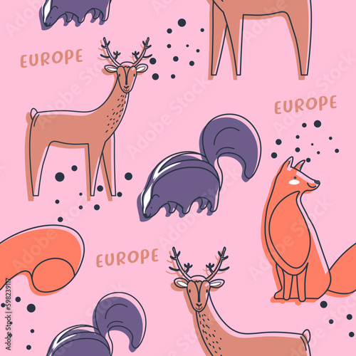 Animals of Europe, skunk and deer with antlers
