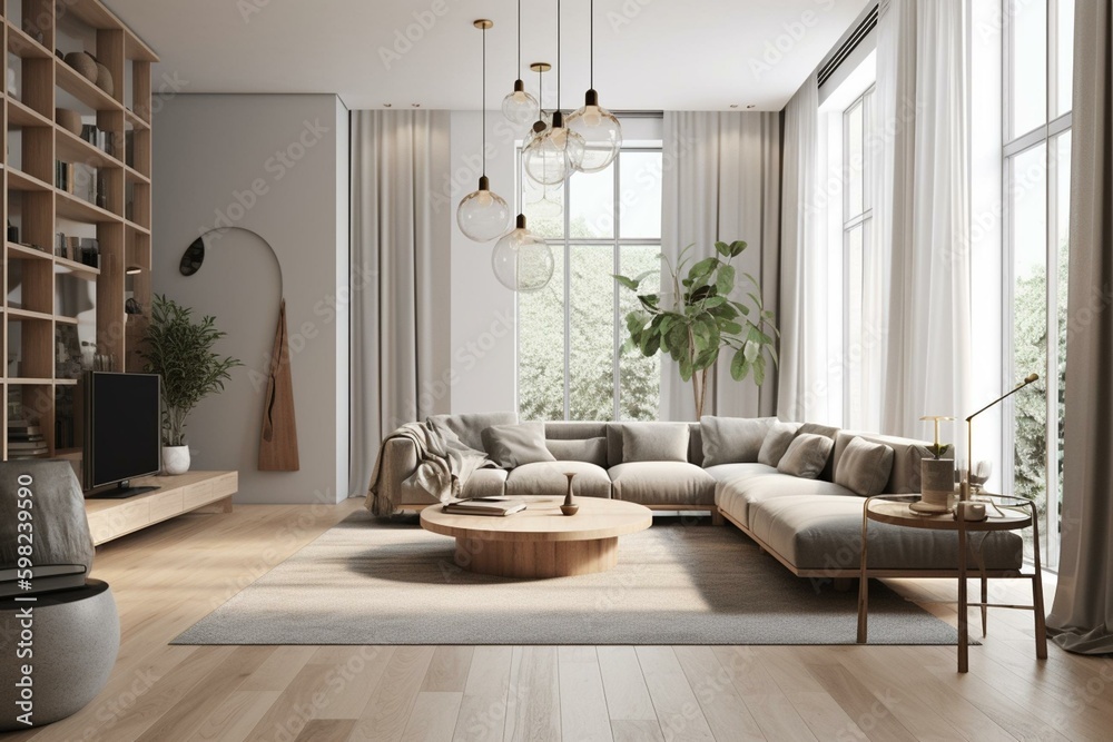 A spacious contemporary room visual featuring bright minimalistic interiors adorned with luxurious elements with a 3D rendering mockup. Generative AI