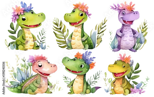 watercolor set illustration of cute crocodile isolated on white background Generative AI