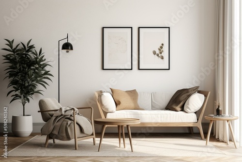 Mockup of empty picture frame on white wall in modern minimalist living room with art. Home staging concept. Generative AI