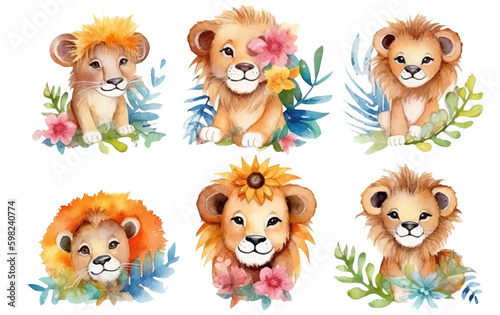watercolor set illustration of wild cats lion tiger isolated on white background Generative AI