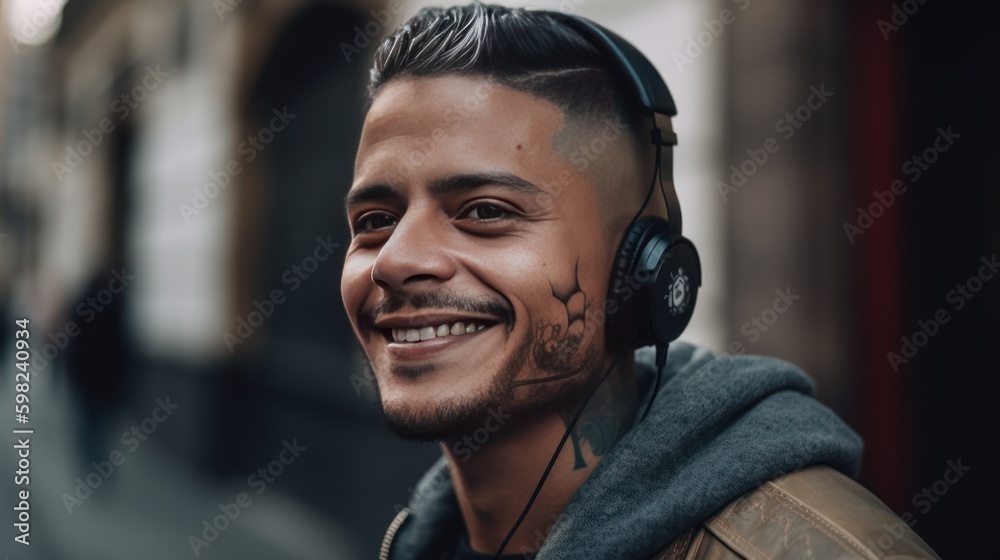 portrait young man smiling with headphones in the street, generative ai portrait young man smiling with headphones in the street, generative ai