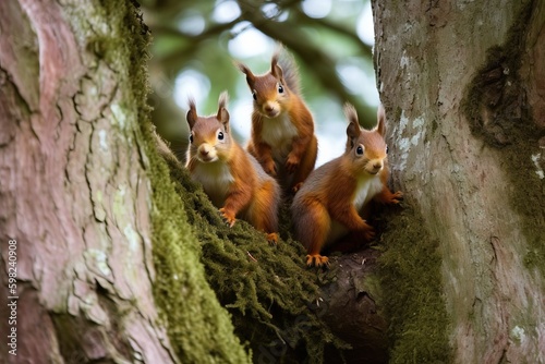 A family of red squirrels in a tre © Dan