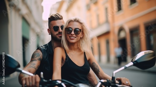 young couple on motorbike in the city  generative ai