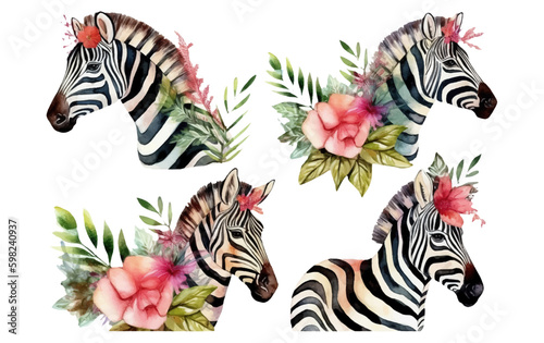watercolor set illustration of cute zebra isolated on white background Generative AI