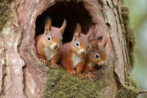 A family of red squirrels in a tre photo