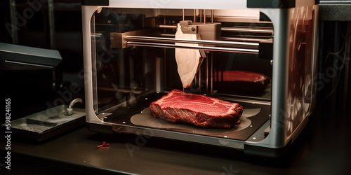 3D Lebensmitteldrucker Drucker erstellt essbares Fleisch aus Protein Patronen, ai generativ photo