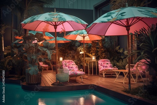 A creative 3D composition of lounge sunbeds  tropical flowers and umbrellas by the pool  set in a pink evening party mood. Generative AI