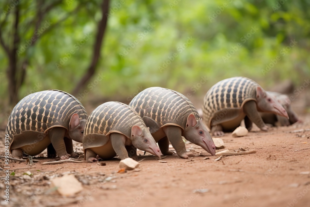A group of armadillos foraging for foo A group of armadillos foraging for foo