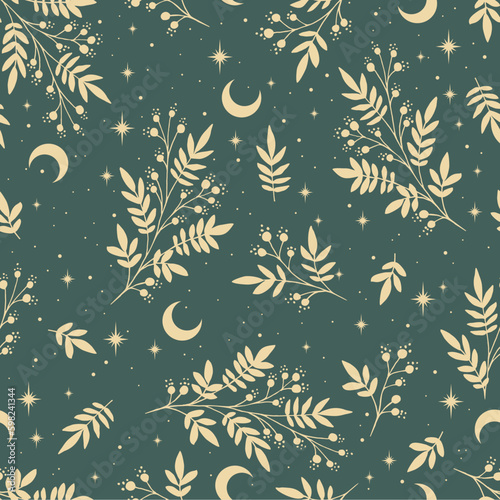 Magic seamless vector green pattern with plants and stars. Boho pattern for astrology, textiles, wrapping paper, design.