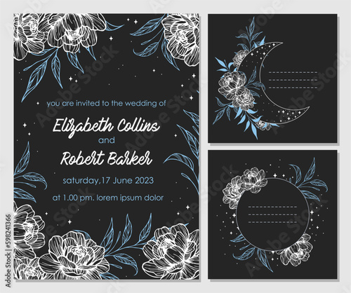 Star, moon and flowers themed wedding invitation vector template collection. Starry night cover design background. Gothic style.