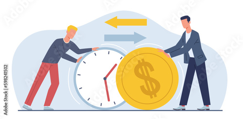 Exchanging time and effort for money and getting paid for work. Men hold huge clock and cold coin. Cost of hour metaphor. Working minutes. Cartoon flat style isolated vector concept