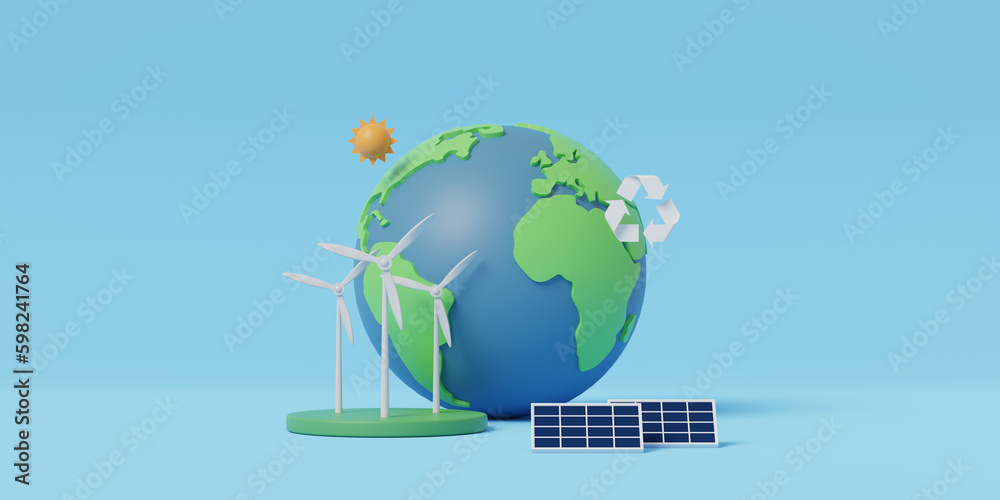 Fototapeta premium Green cartoon planet Earth on blue background. Green renewable energy and zero waste. Ecology and Environment concept. 3d rendering illustration