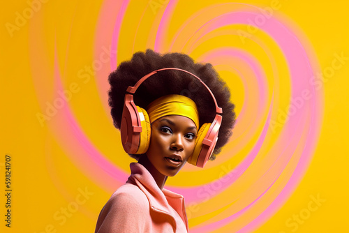 Generative AI illustration of Beautiful young black girl with afro hair listening to music on headphones