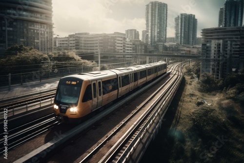 A swift train speeding through an urban landscape at high velocity. Generative AI