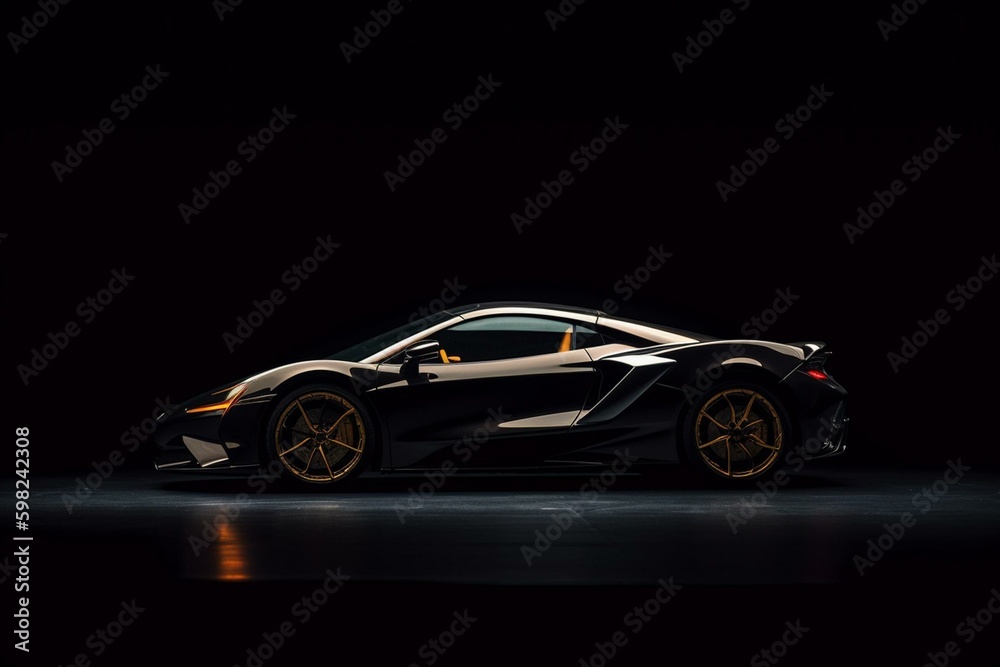 Perspective view of a sleek sports car on a black backdrop. Generative AI