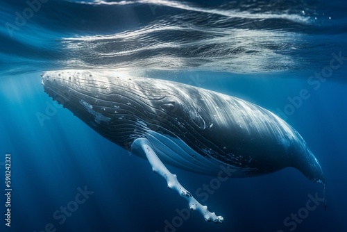 A stunning humpback whale gracefully swims in its natural habitat, the ocean. Generative AI