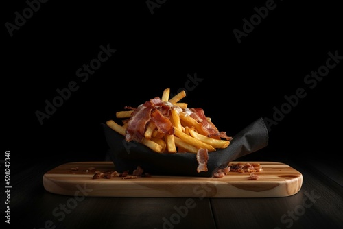 Fries with catupiry, bacon on a wooden board. Black background and checkered fabric. Generative AI