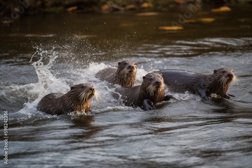 A group of otters chasing fish in a rive © Dan