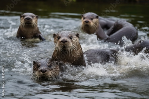 A group of otters chasing fish in a rive