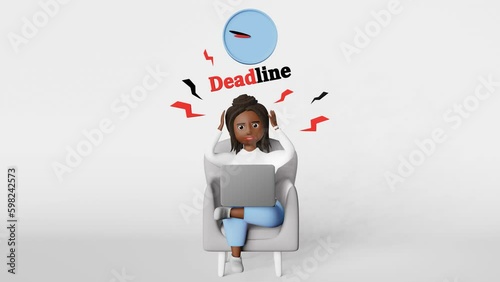 Deadline missing Scared stressed African American woman employee 3d animation loop working laptop video conference. Corporate meeting. Time management Diverse freelancer Schedule Planning Productivity