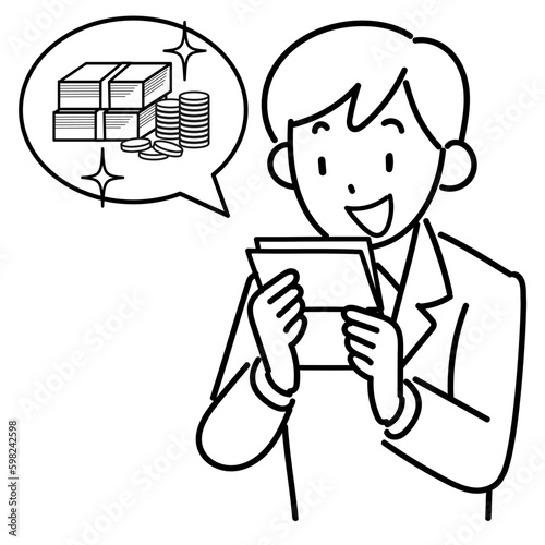 通帳を見て喜ぶビジネスマンの上半身