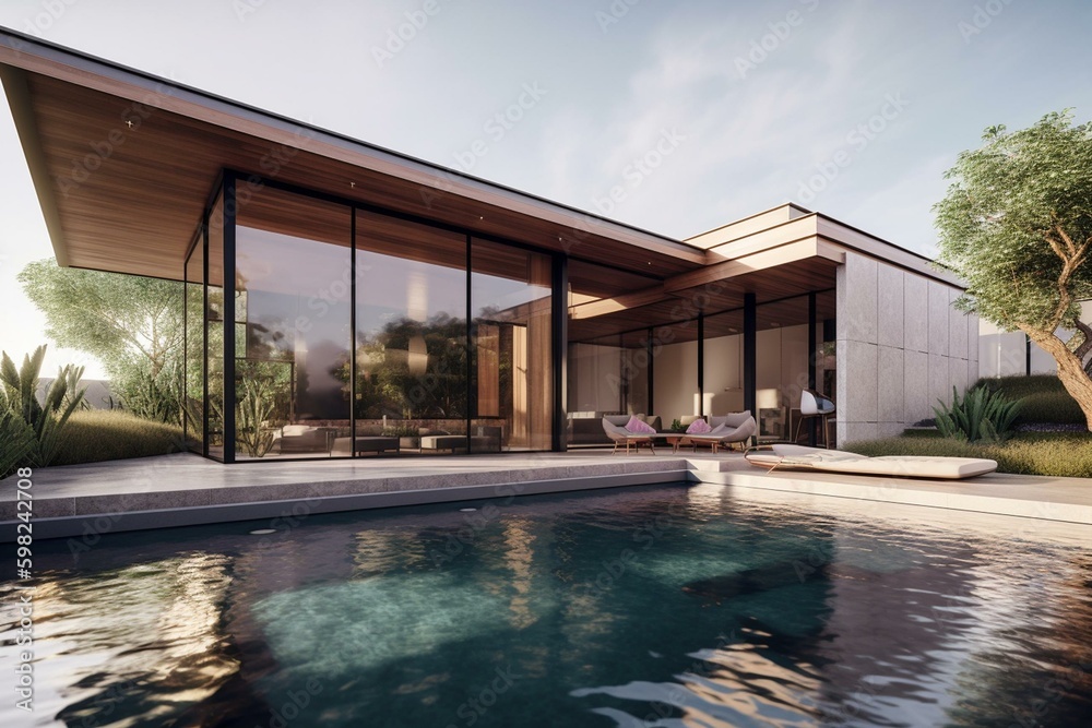 Contemporary home with eco-friendly pool. Digital model. Generative AI