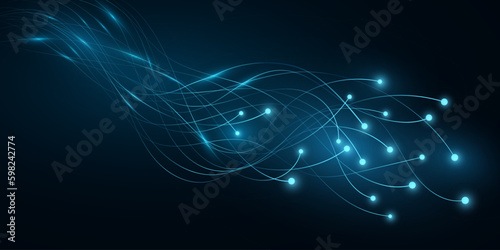 Glowing neural connectors on dark background. Artificial intelligence analyzes data. Neural network concept. Vector illustration
