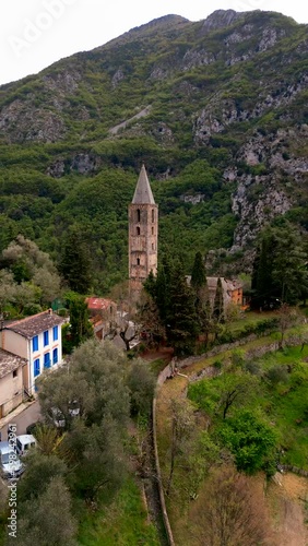Vertical aerial view. church in the mountain
