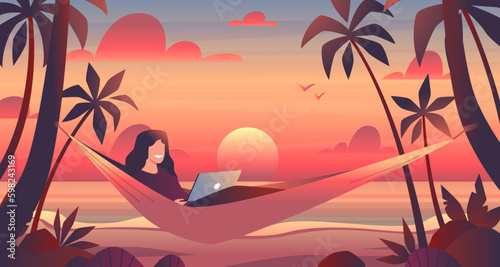 Girl in hammock with tablet works on tropical island beach at sunset. Freelance character on tropical resort. Summer sea vacation. Seashore background. Cartoon flat isolated vector concept