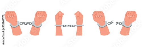 Handcuffed hand set, prisoners arms. Human in jail. Breaking chain shackle. manacles for criminal person. Arrested man. Cartoon flat illustration. Vector struggle for liberty concept