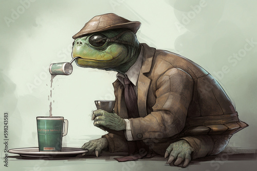 a turtle being a detective and drinking coffee | Generative Ai photo
