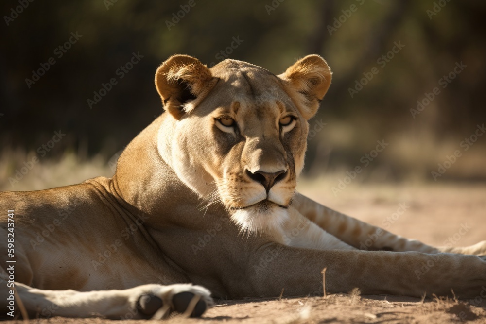Obraz premium A majestic lioness lying in the su
