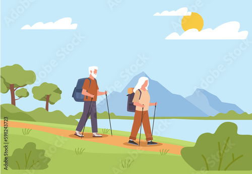 Happy active elderly couple with backpacks traveling hiking trail. Grandmother and grandfather walking together. Old people outdoor activity. Cartoon flat style isolated vector concept