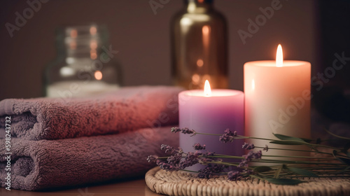 Spa treatment set with towels, scented candles, lavender sprigs, and a bottle of oil on a gray background. Side view, text space. Generative AI.