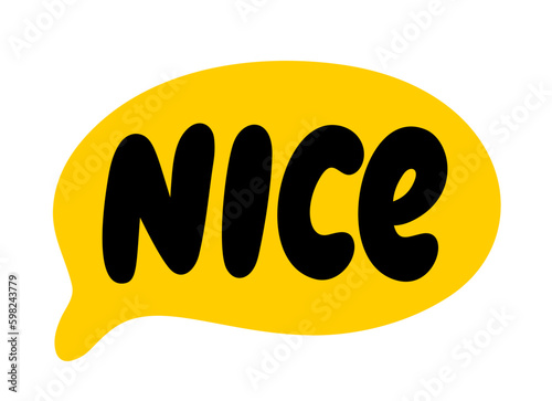 NICE speech bubble. Nice text Vector illustration. Word in a text box. Doodle style Hand drawn quote. Design print on shirt, card, poster, tee. Lettering nice word. Feedback pleasure satisfaction like