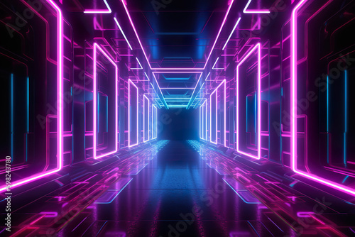 Illuminated corridor interior design. Abstract interior sci fi corridors. Generative Ai.