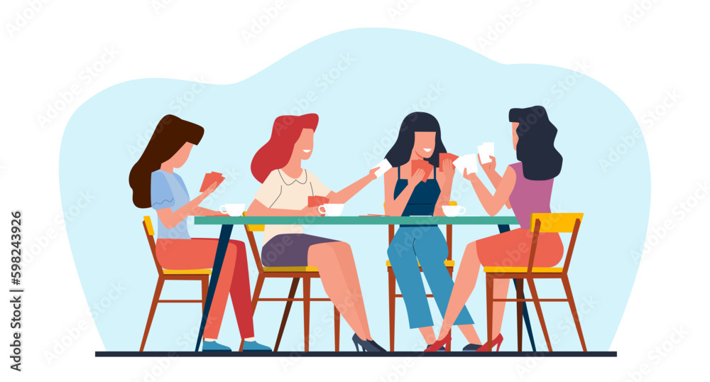 Happy women friends sit around table and play cards on weekend. Girls party at home. Female players during board game. Drinking tea, buddies resting. Cartoon flat isolated vector concept