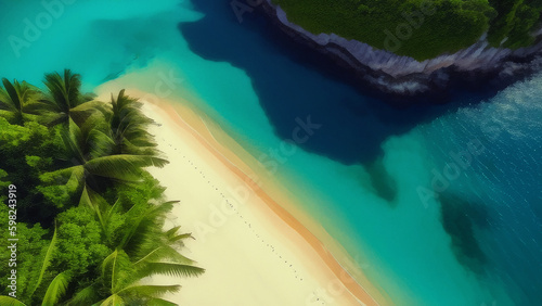 Aerial view of sandy beach  palm trees and ocean