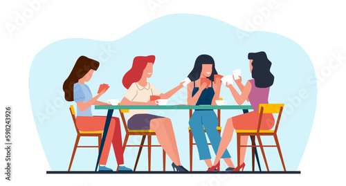 Happy women friends sit around table and play cards on weekend. Girls party at home. Female players during board game. Drinking tea, buddies resting. Cartoon flat isolated vector concept